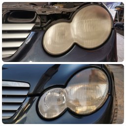 ELANERA SPÓŁKA Z OGRANICZONĄ ODPOWIEDZIALNOŚCIĄ - Porównanie reflektora samochodowego przed i po renowacji: zmatowiały klosz u góry i przejrzysty, odnowiony klosz na dole. Widoczne odpryski lakieru na karoserii obok zmatowiałego reflektora.
