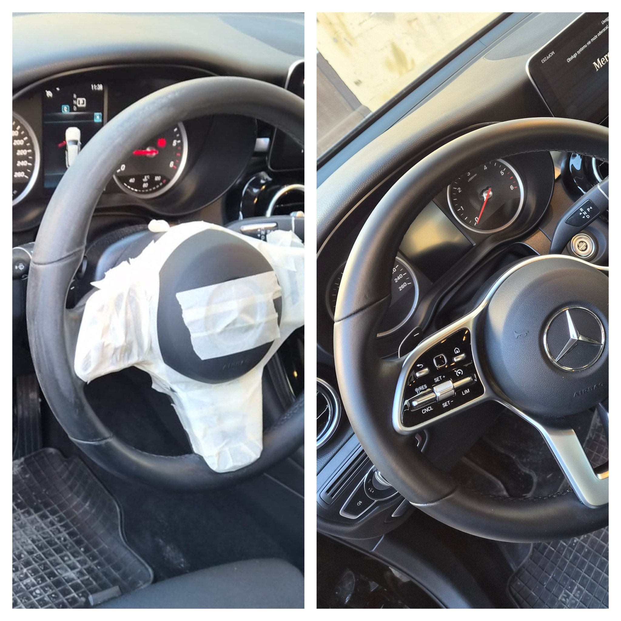 Zdjęcie typu 'przed i po' przedstawia kierownicę Mercedesa: po lewej z wystrzeloną poduszką powietrzną, po prawej - po naprawie, z widocznym logo marki.