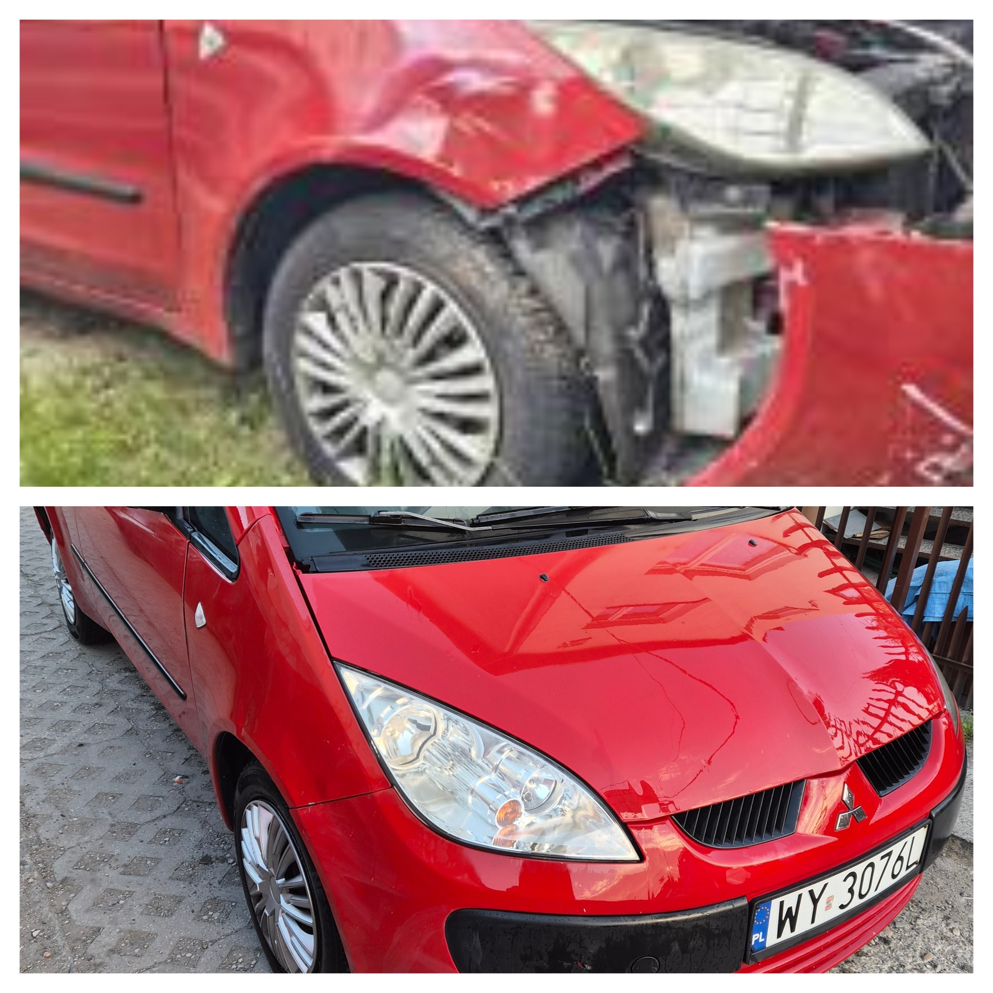 Czerwony samochód przed i po naprawie blacharskiej. Górne ujęcie pokazuje uszkodzenia, dolne - odnowiony przód pojazdu z błyszczącym lakierem i nowym reflektorem.