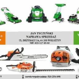 Prezentacja różnorodnych maszyn ogrodniczych i budowlanych marki Stihl i Viking, w tym kosiarek, pilarek, dmuchaw do liści i odkurzaczy przemysłowych, z logo firmy Jan Tyczyński Naprawa Sprzedaż...