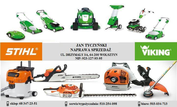 Prezentacja różnorodnych maszyn ogrodniczych i budowlanych marki Stihl i Viking, w tym kosiarek, pilarek, dmuchaw do liści i odkurzaczy przemysłowych, z logo firmy Jan Tyczyński Naprawa Sprzedaż...