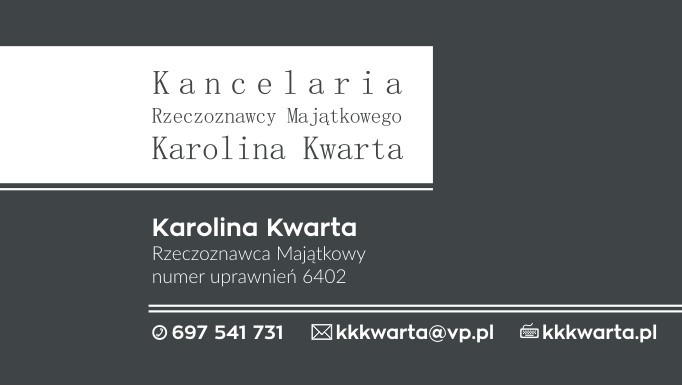 Wizytówka Kancelarii Rzeczoznawcy Majątkowego Karolina Kwarta z numerem telefonu, adresem e-mail i adresem strony internetowej.