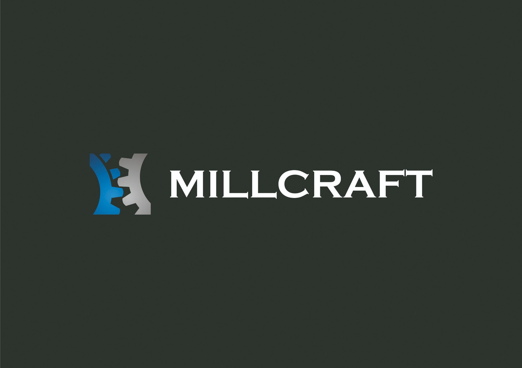 Logo firmy Millcraft z elementem graficznym w postaci dwóch zazębiających się kół zębatych, jeden w kolorze niebieskim, drugi szarym, na ciemnoszarym tle.
