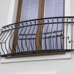 Czarna, metalowa balustrada balkonowa z motywem liści, zamontowana na białej elewacji budynku przed oknem z brązową ramą.