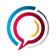 Graficzne przedstawienie logo z okręgami w kolorach niebieskim, czerwonym i żółtym, otaczające kształt dymku czatu, z elementami przypominającymi pasek postępu w odcieniach szarości.