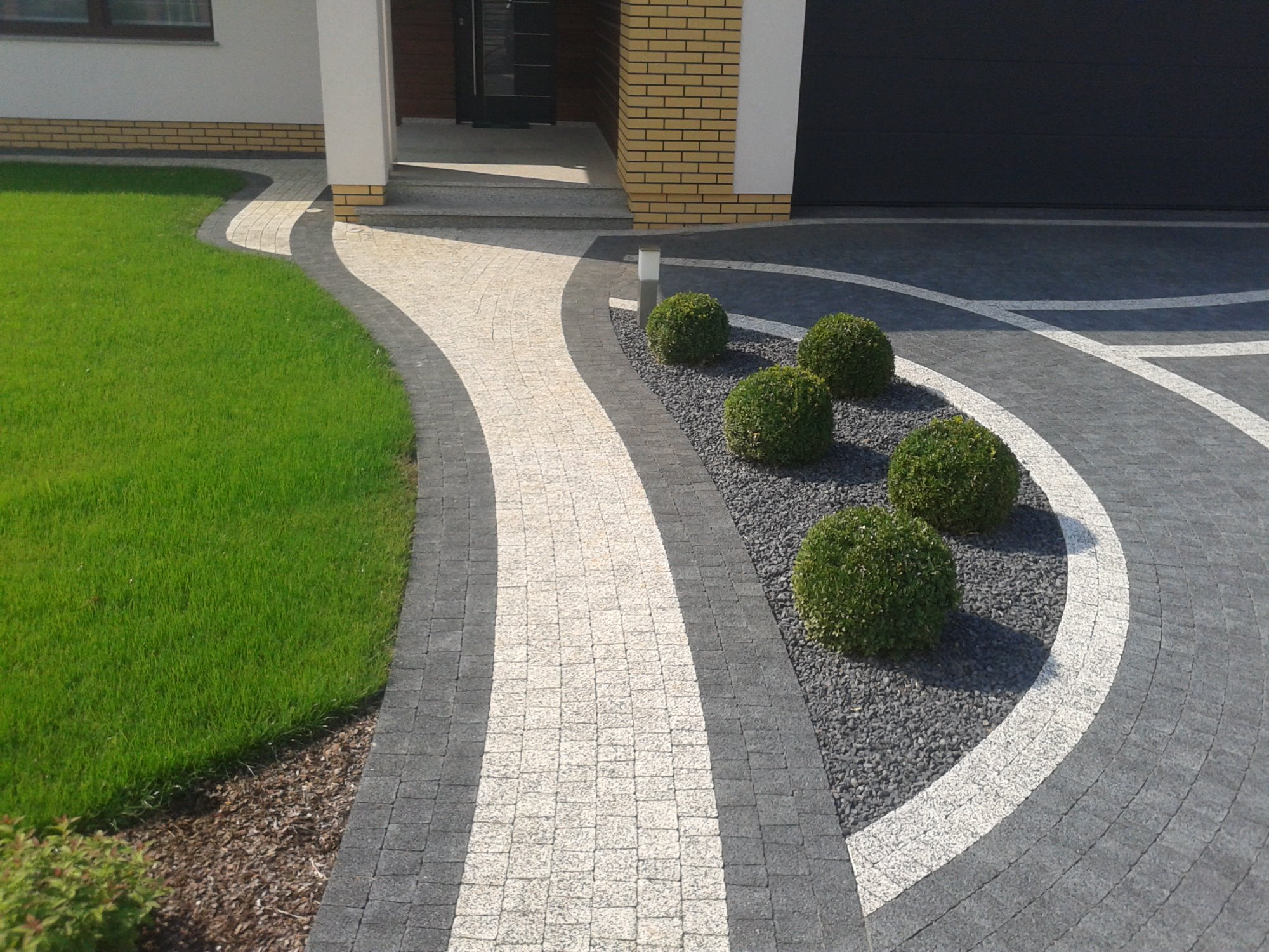 Kaskadowa ścieżka z jasnej kostki brukowej obramowana ciemniejszą kostką, prowadząca do domu z zielonym trawnikiem i ozdobnymi kulistymi krzewami na szarym żwirze.