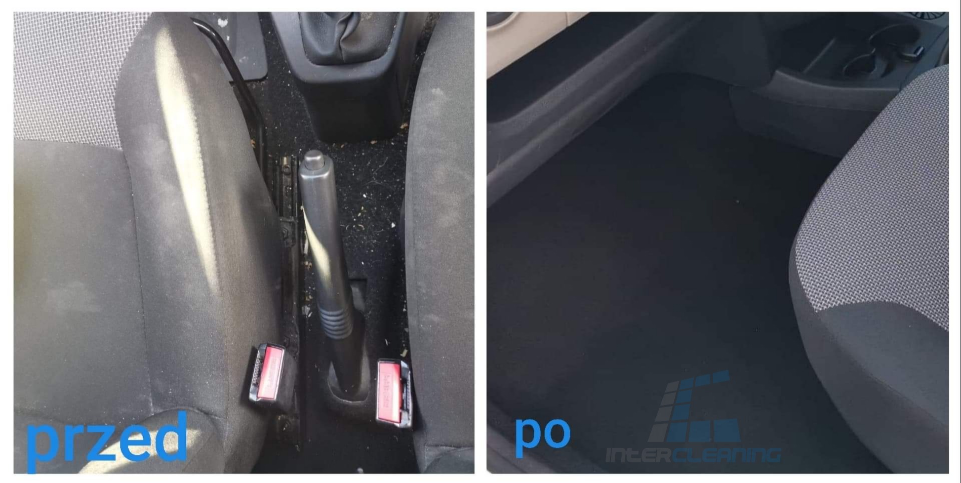 Czyszczenie wnętrza samochodu: porównanie stanu przed i po, widoczne wyczyszczone dywaniki i fotele, logo firmy w prawym dolnym rogu.