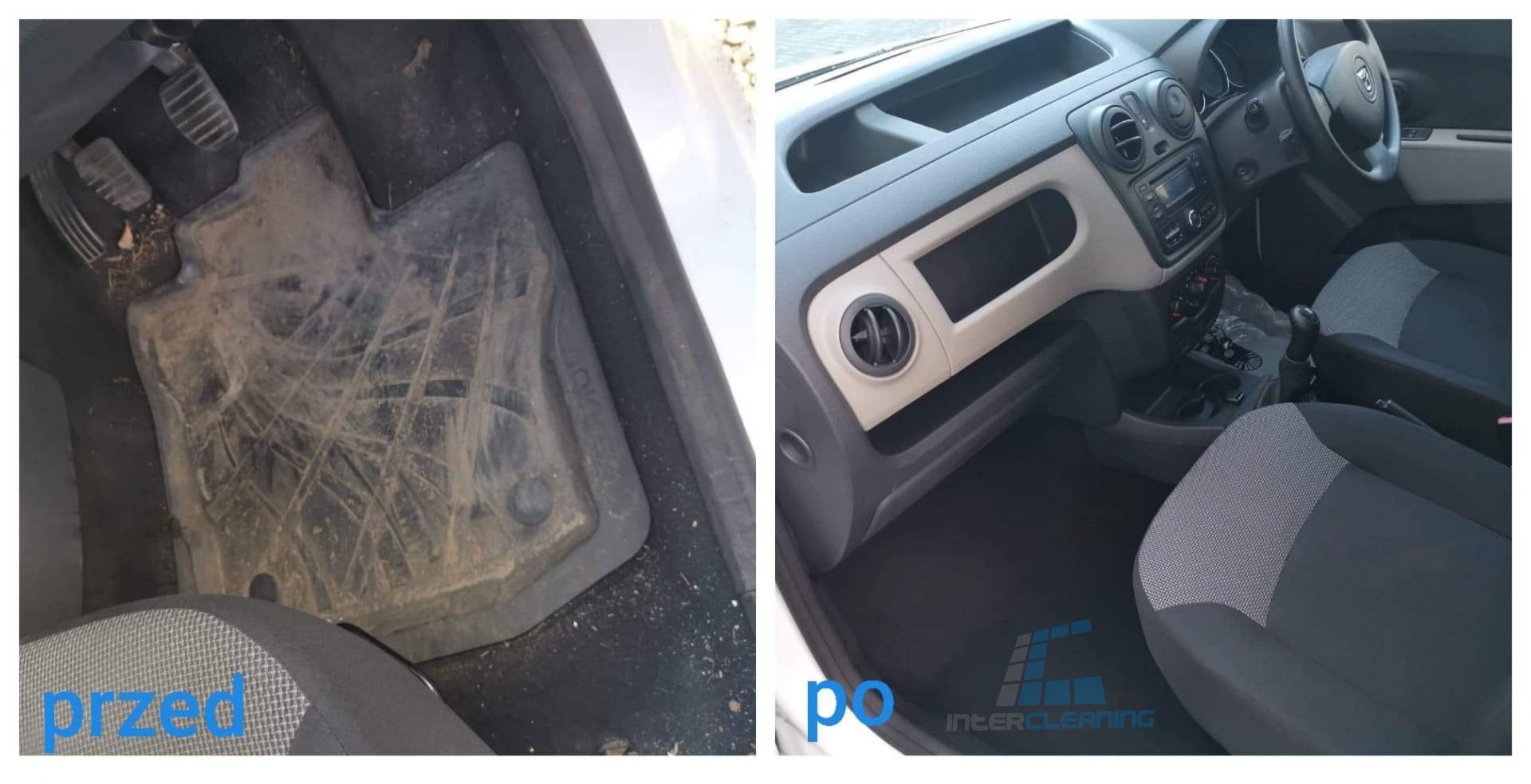 Porównanie wnętrza samochodu przed i po czyszczeniu: brudny dywanik pod nogami kierowcy kontra czysta podłoga i wnętrze, widoczny fragment logo firmy czyszczącej.