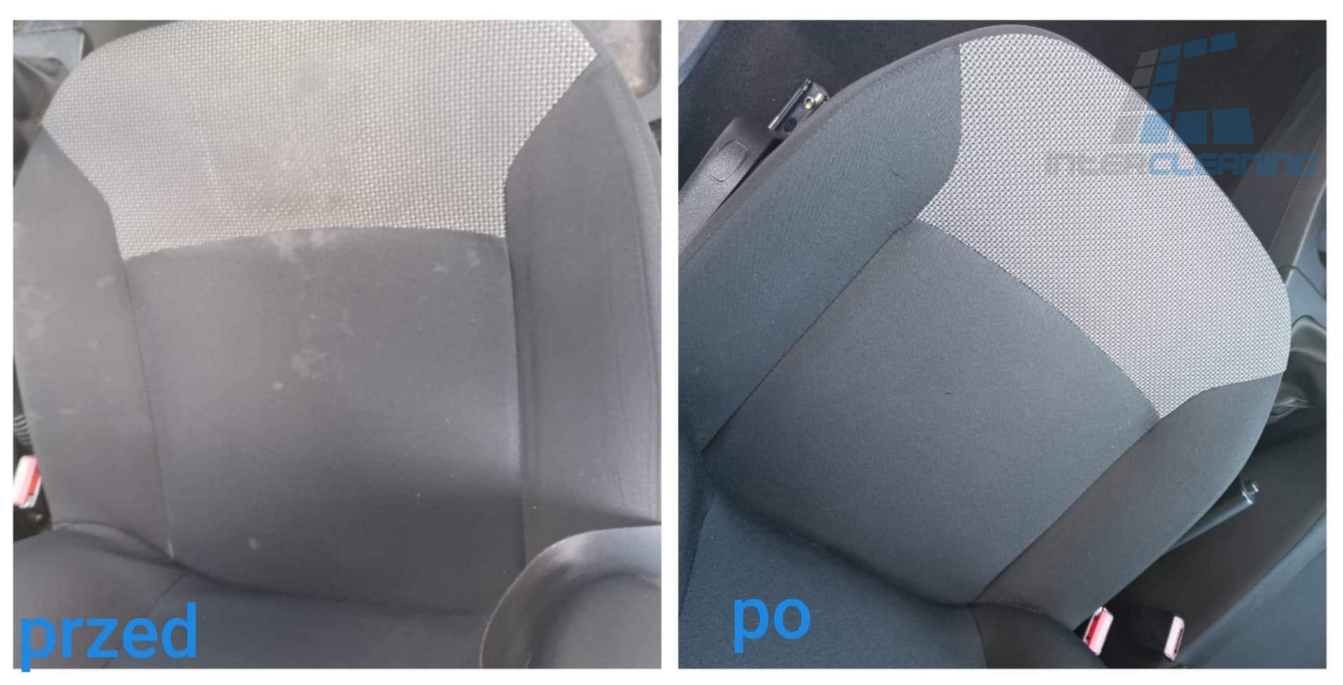 Tapicerka fotela samochodowego: porównanie przed i po czyszczeniu, widoczne plamy usunięte z szarej tkaniny.