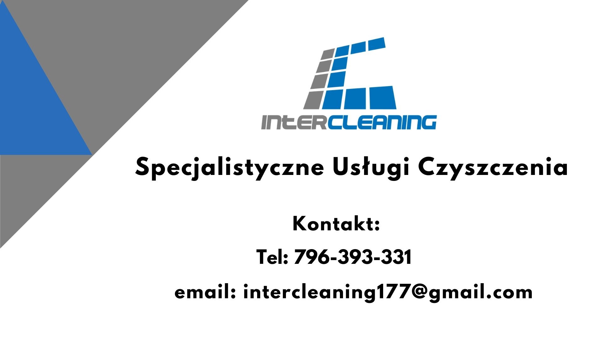 Logo firmy Intercleaning z szarym i niebieskim motywem graficznym, oferującej specjalistyczne usługi czyszczenia, z podanym numerem telefonu i adresem e-mail.