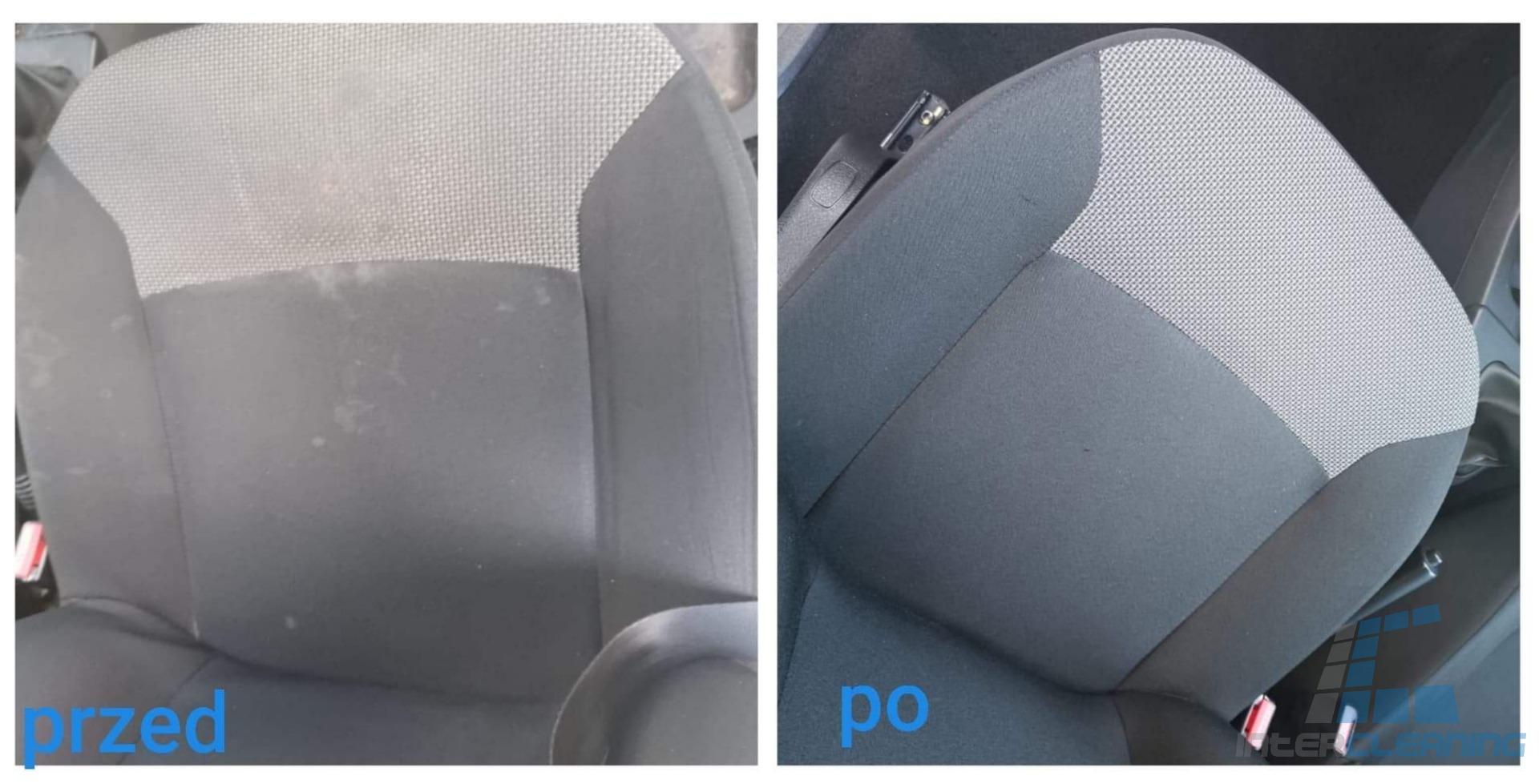 Tapicerka samochodowa: porównanie stanu przed i po czyszczeniu. Widoczne plamy i zabrudzenia usunięte z materiału. Po prawej stronie fotel wygląda jak nowy.