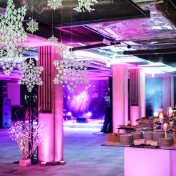 Sala bankietowa z dekoracjami śnieżynkowymi, oświetleniem scenicznym i stołem z przekąskami, przygotowana na imprezę.