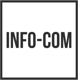 Logo firmy INFO-COM w czarno-białej kolorystyce, umieszczone w kwadratowej ramce.