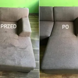 Porównanie stanu kanapy przed i po czyszczeniu: po lewej stronie widoczne liczne plamy, po prawej - jednolity, czysty materiał.