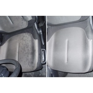 Porównanie: Fotel samochodowy - widoczna różnica przed i po czyszczeniu, jasna tapicerka z wyraźnymi plamami i zabrudzeniami po lewej stronie, a po prawej czysta i odświeżona.
