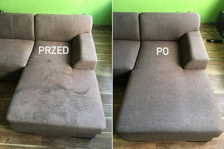 Porównanie stanu kanapy przed i po czyszczeniu: po lewej stronie widoczne liczne plamy, po prawej - jednolity, czysty materiał.