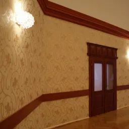 Beżowa ściana z wzorzystą tapetą, oświetlona kinkietem z kloszem w kształcie kuli, drewniana listwa przypodłogowa i framuga drzwi z szybą, parkiet na podłodze.