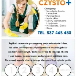 Reklama firmy sprzątającej: kobieta w zielonym kombinezonie i żółtych rękawicach spryskuje płynem czyszczącym blat, w tle druga osoba z mopem. Tekst reklamowy oferuje sprzątanie domów, mieszkań...