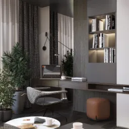 Nowoczesny domowy gabinet z biurkiem z szufladami, krzesłem obrotowym w pepitkę, półkami na książki z oświetleniem LED, roślinami doniczkowymi i dekoracyjnym pufem.