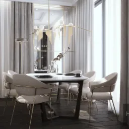 Elegancka jadalnia w odcieniach szarości i beżu z okrągłym stołem z białym blatem, krzesłami z tapicerowanymi siedziskami i złotymi nogami, nowoczesną lampą wiszącą z elementami złota i wysokimi...