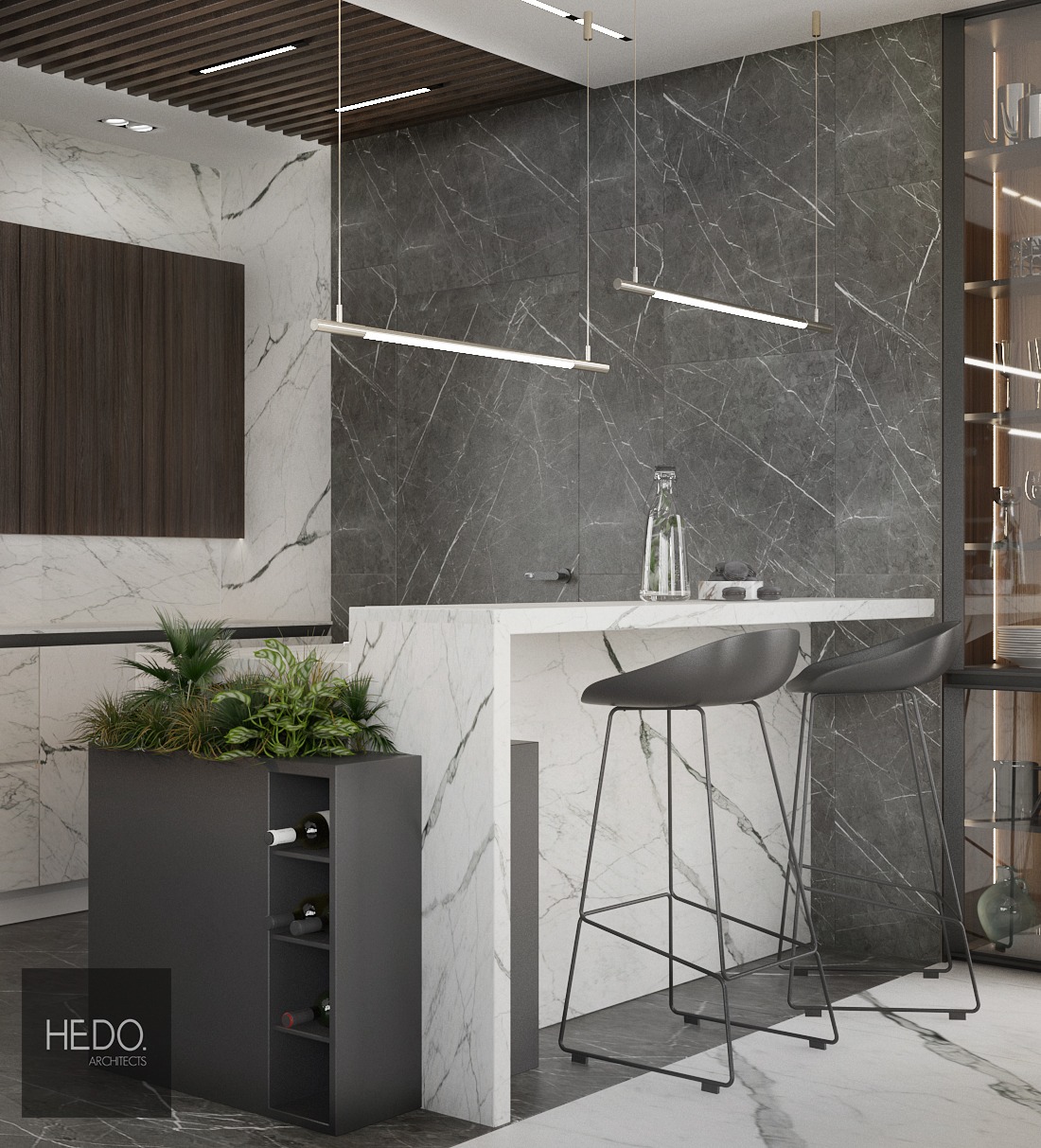 Nowoczesna kuchnia z wyspą wykończoną białym marmurem, czarnymi hokerami i ścianą z szarego marmuru, akcentem zieleni w donicy i oświetleniem liniowym.