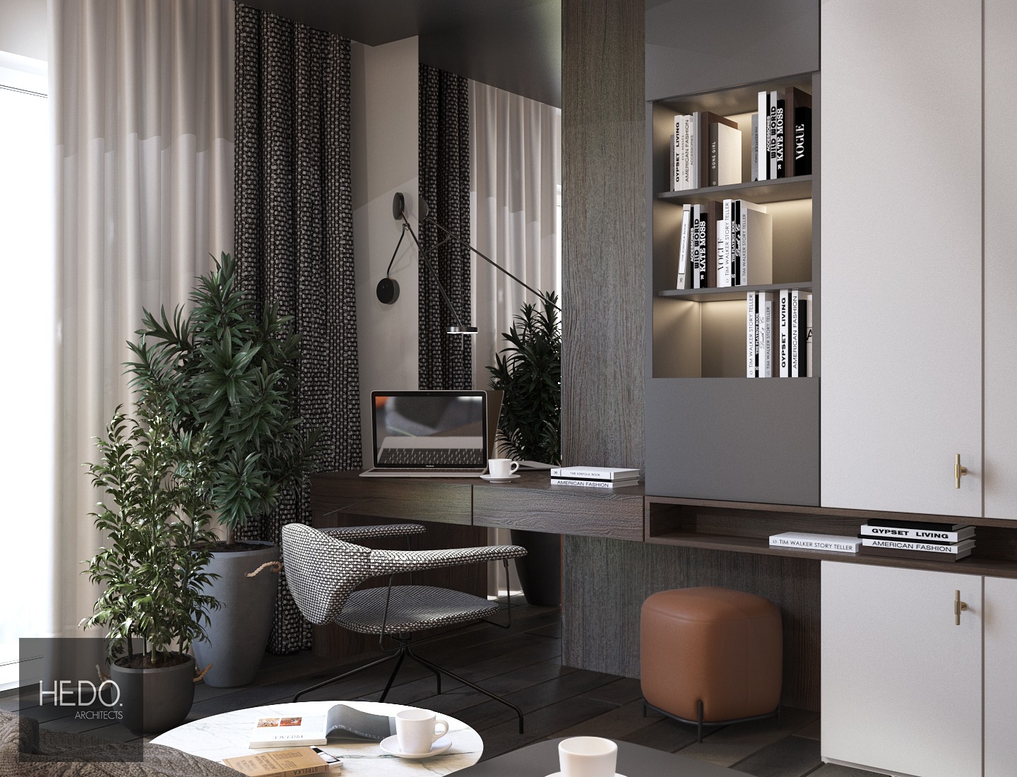 Nowoczesny domowy gabinet z biurkiem z szufladami, krzesłem obrotowym w pepitkę, półkami na książki z oświetleniem LED, roślinami doniczkowymi i dekoracyjnym pufem.