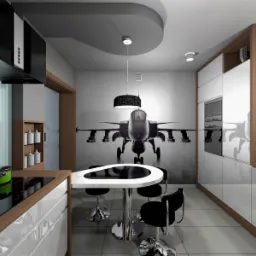 Wizualizacja nowoczesnej kuchni z białymi szafkami i drewnianymi blatami, gdzie na ścianie widnieje fototapeta z myśliwcem, a nad stołem zawieszona jest czarna lampa.