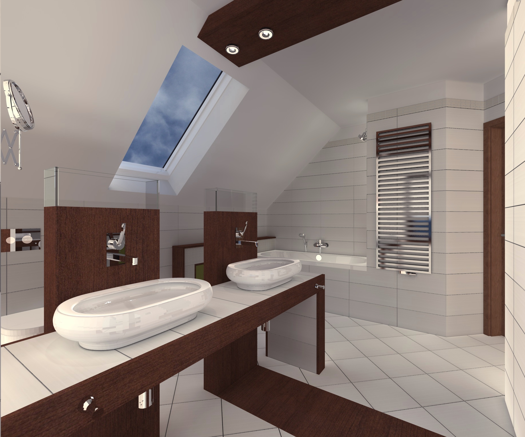 Wizualizacja łazienki na poddaszu z dwoma owalnymi umywalkami nablatowymi na drewnianym blacie, grzejnikiem drabinkowym i oknem dachowym.