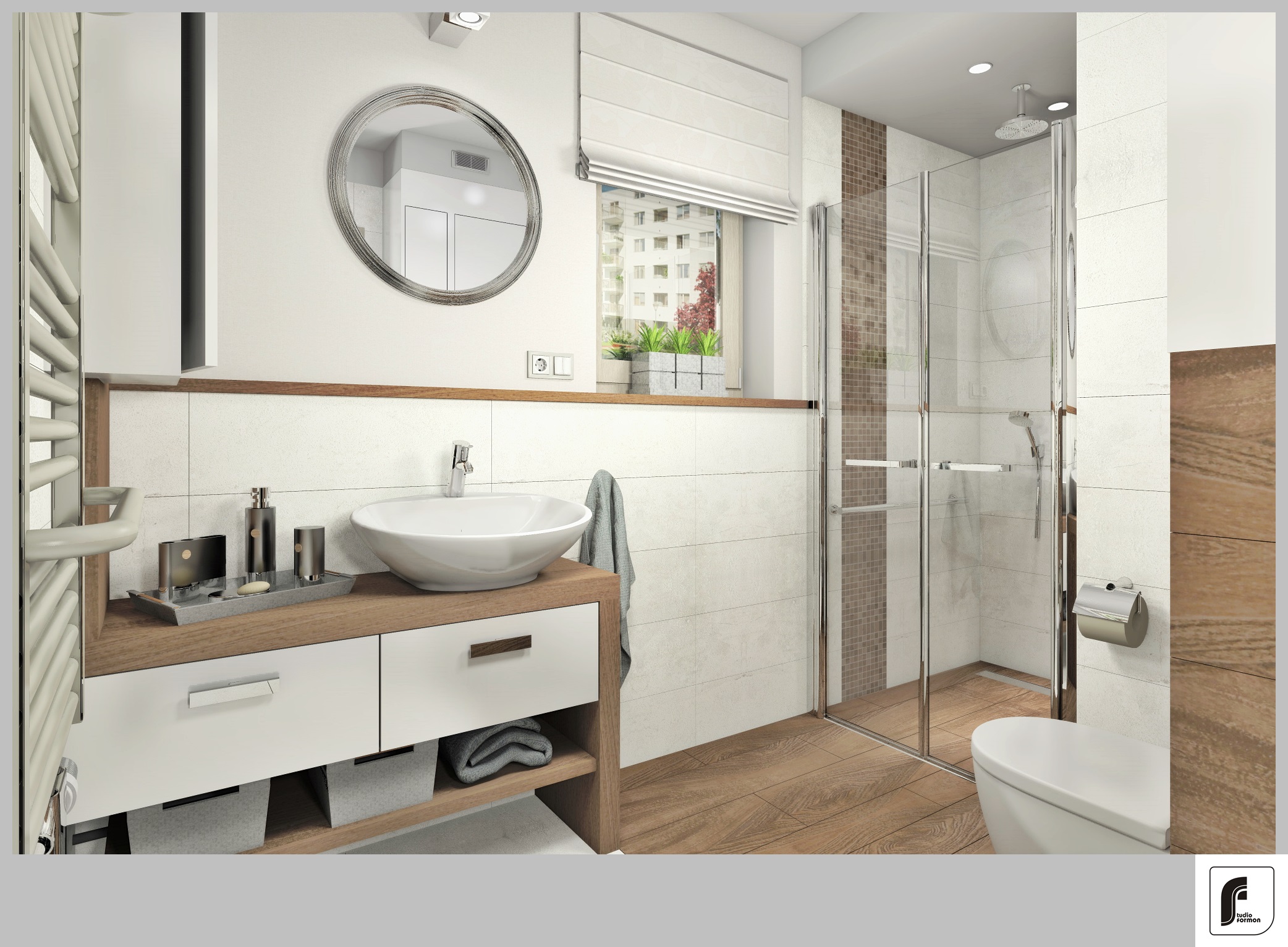 Nowoczesna łazienka z drewnianymi akcentami: biała umywalka nablatowa, okrągłe lustro z metalową ramą, kabina prysznicowa ze szklanymi drzwiami, drewniana podłoga i zabudowa pod umywalką...