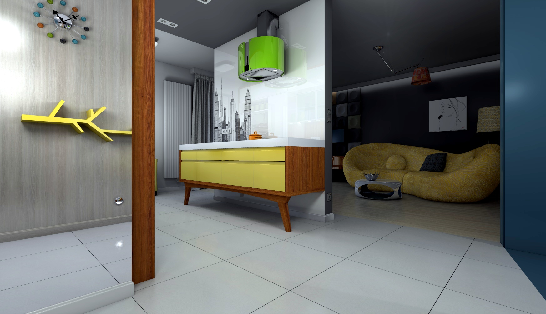 Wnętrze mieszkania z żółtą komodą i zielonym okapem na tle ściany z motywem miasta, widok na salon z żółtą sofą.