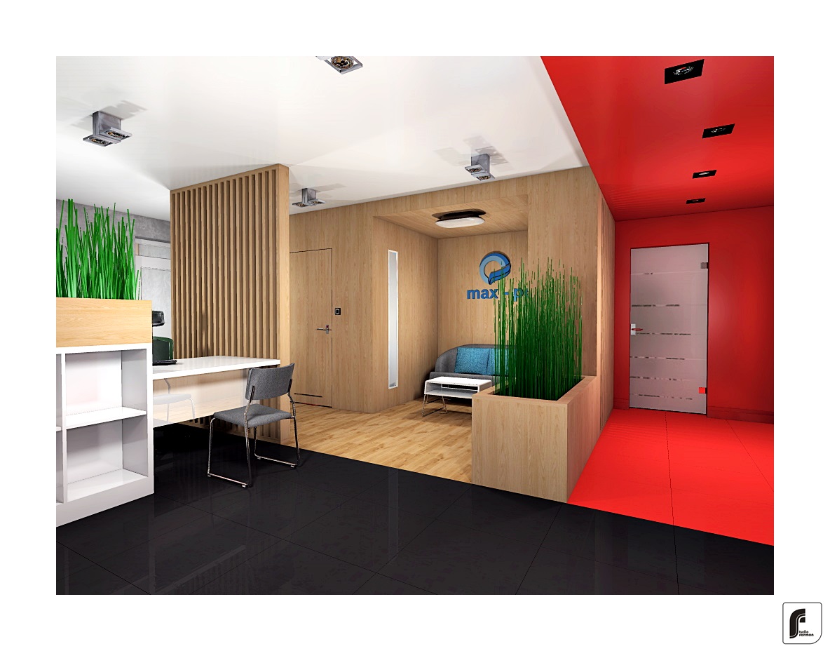 Wizualizacja recepcji biurowej z drewnianymi panelami, czarną podłogą, roślinami w donicach i czerwonym akcentem na suficie i ścianie, widoczne logo firmy na ścianie.