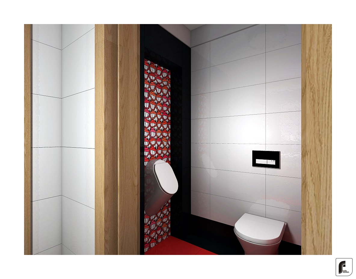 Wnętrze łazienki publicznej z oryginalną tapetą w czerwono-białe uśmiechy, białe płytki, pisuar i toaleta, czarne wykończenia oraz drewniane obramowanie.