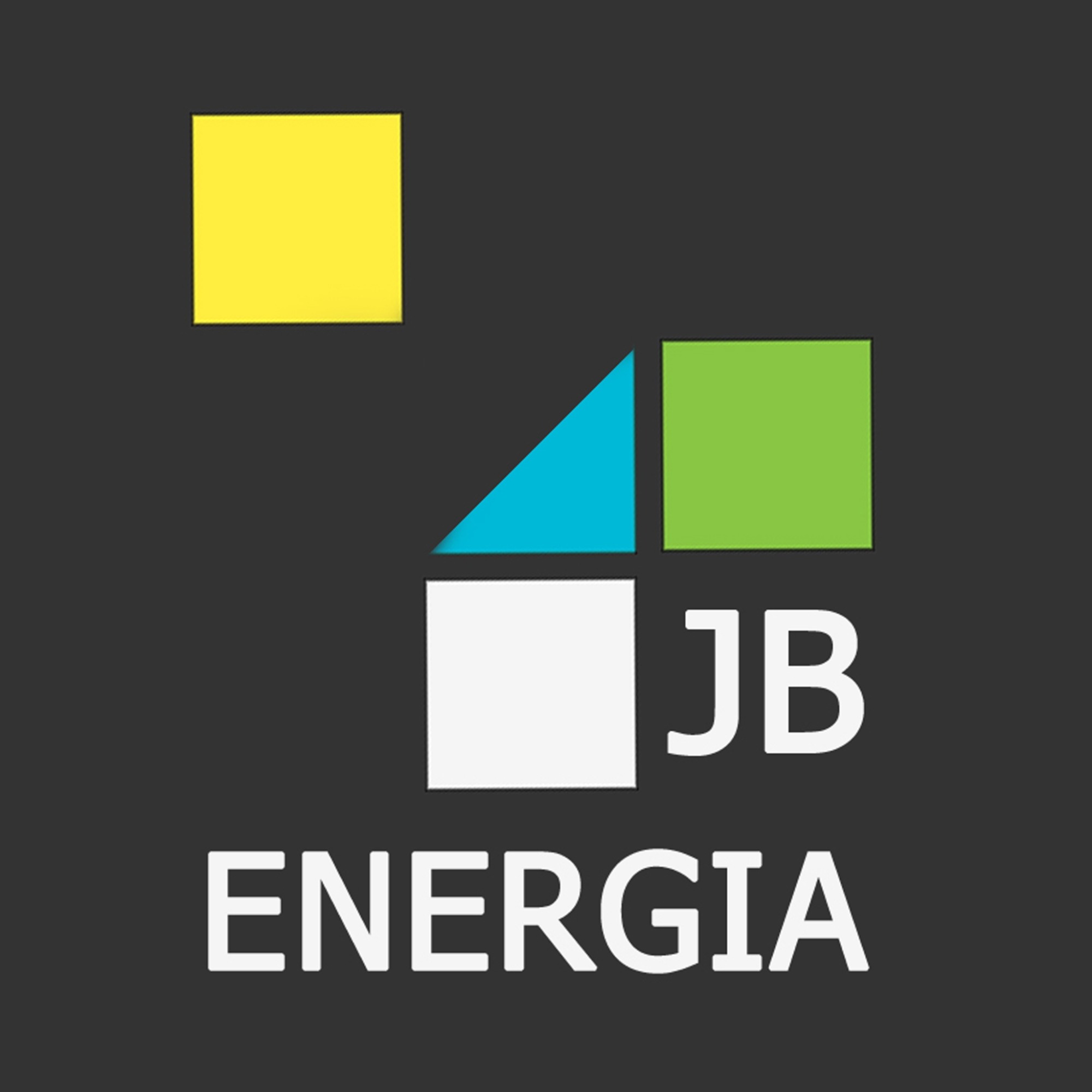 Logo firmy JB Energia z kwadratami w kolorach żółtym, błękitnym i zielonym oraz białym napisem ENERGIA na szarym tle.