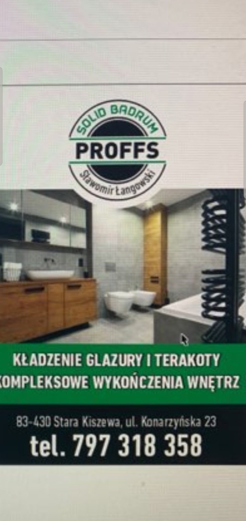Zdjęcie reklamy firmy 'Solid Badrum Proffs Sławomir Łangowski' z wizualizacją wykończonej łazienki: drewniana szafka pod umywalką, toaleta, bidet, grzejnik drabinkowy i szare płytki na ścianach.