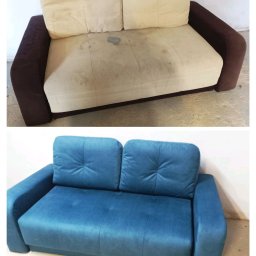 Pracownia Tapicerska Karol Krupa - Zdjęcie przedstawia sofę przed i po tapicerowaniu, ukazując różnicę w wyglądzie i czystości mebla.