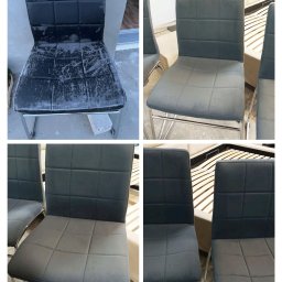 Pracownia Tapicerska Karol Krupa - Kolaż przedstawiający krzesło tapicerowane przed i po renowacji. Po lewej stronie widoczne zniszczone obicie, po prawej odnowione, szare krzesło z kwadratowymi przeszyciami i metalowymi nogami.