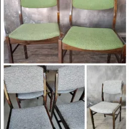 Dwa krzesła po renowacji tapicerki, jedno w odcieniach zieleni z wzorem, drugie szare. Widoczne detale drewnianej konstrukcji i faktura tkaniny.