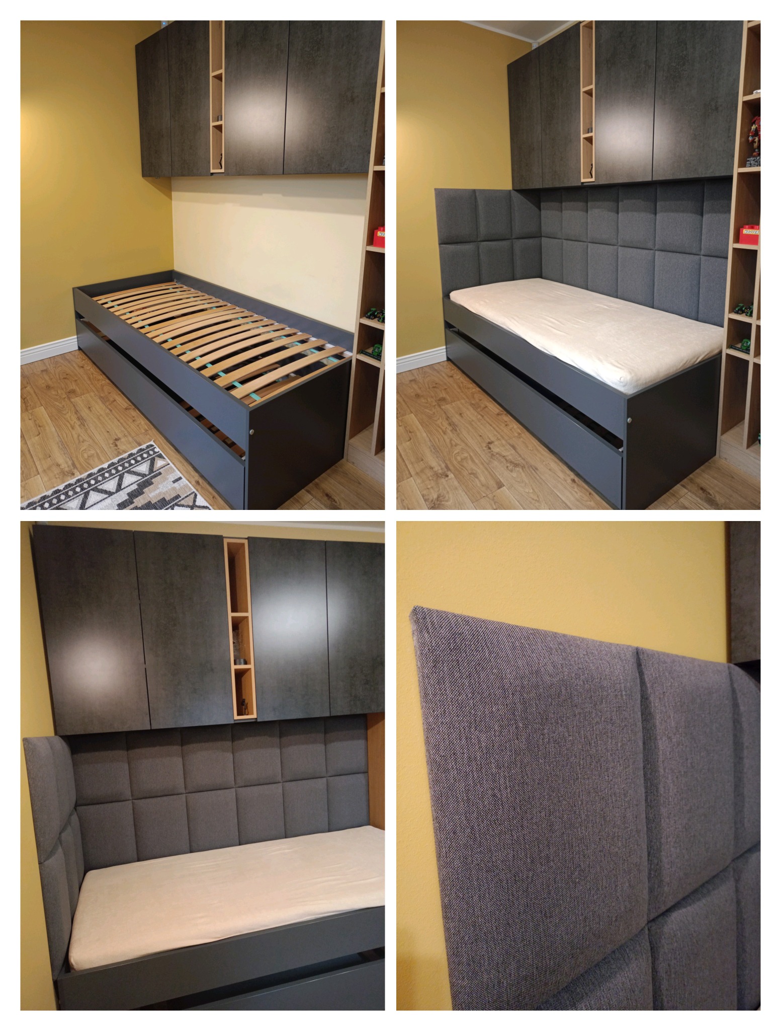 Cztery kadry przedstawiające szare łóżko z tapicerowanym zagłówkiem w kwadraty i szafkami wiszącymi, na tle żółtej ściany; jeden kadr pokazuje łóżko z wysuwanym drugim spaniem z drewnianym stelażem.