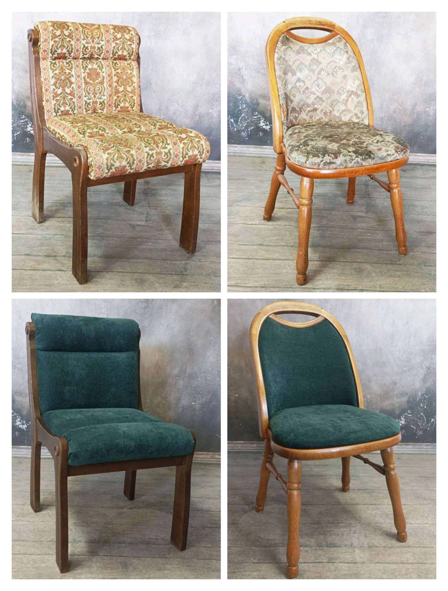 Kolaż przedstawiający cztery odnowione krzesła z tapicerowanymi siedziskami i oparciami w różnych wzorach i kolorach, umieszczone na tle szarej ściany.