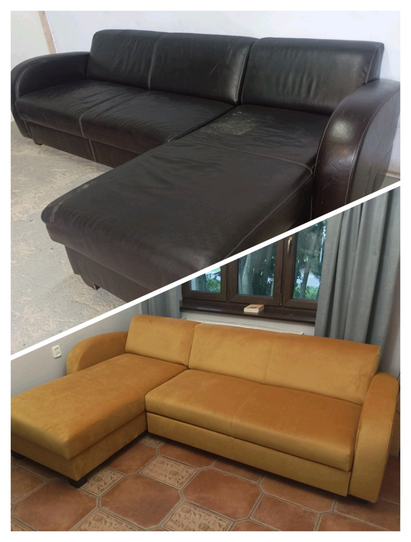 Zdjęcie przedstawia sofę narożną przed i po renowacji. Górna część pokazuje starą, skórzaną sofę w kolorze ciemnobrązowym, z widocznymi śladami użytkowania i przetarciami. Dolna część ukazuje tę...