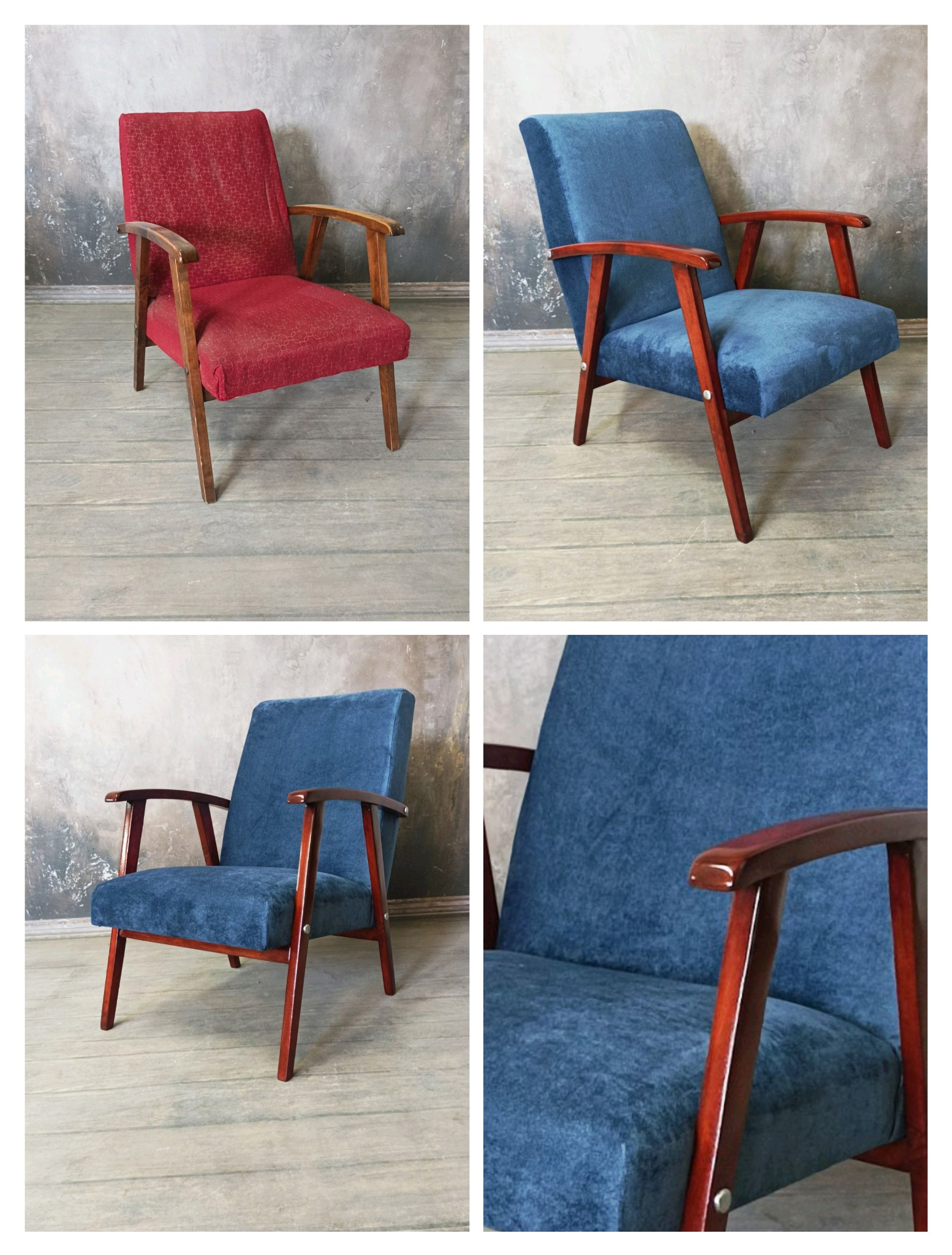 Kolaż przedstawiający odnowione krzesła tapicerowane w stylu retro: jedno w kolorze czerwonym z delikatnym wzorem, drugie w odcieniach niebieskiego, oba z drewnianymi podłokietnikami i nogami.