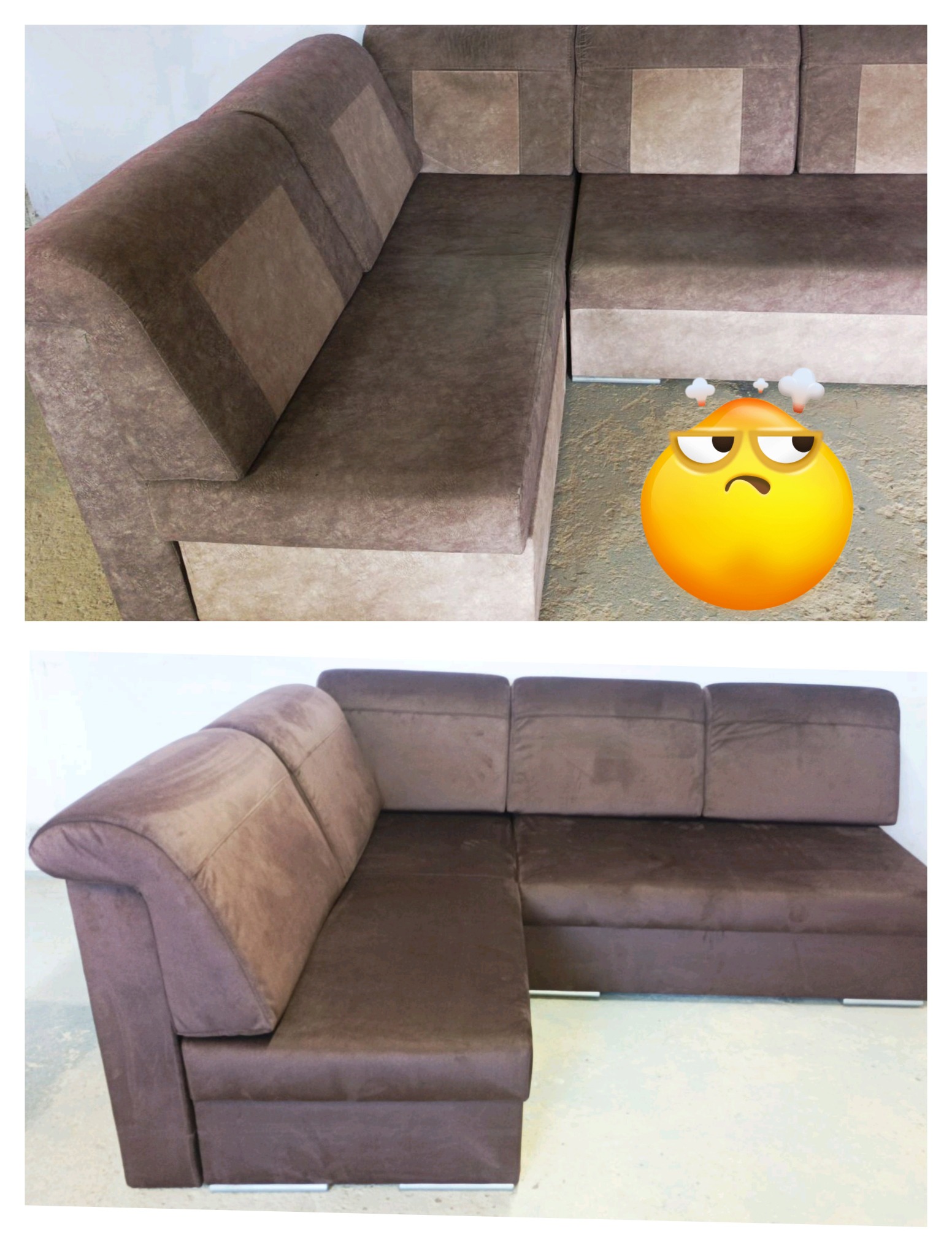 Dwuodcieniowy, brązowy narożnik z tapicerowanymi bokami, z widocznymi metalowymi nóżkami, sfotografowany z dwóch różnych perspektyw.