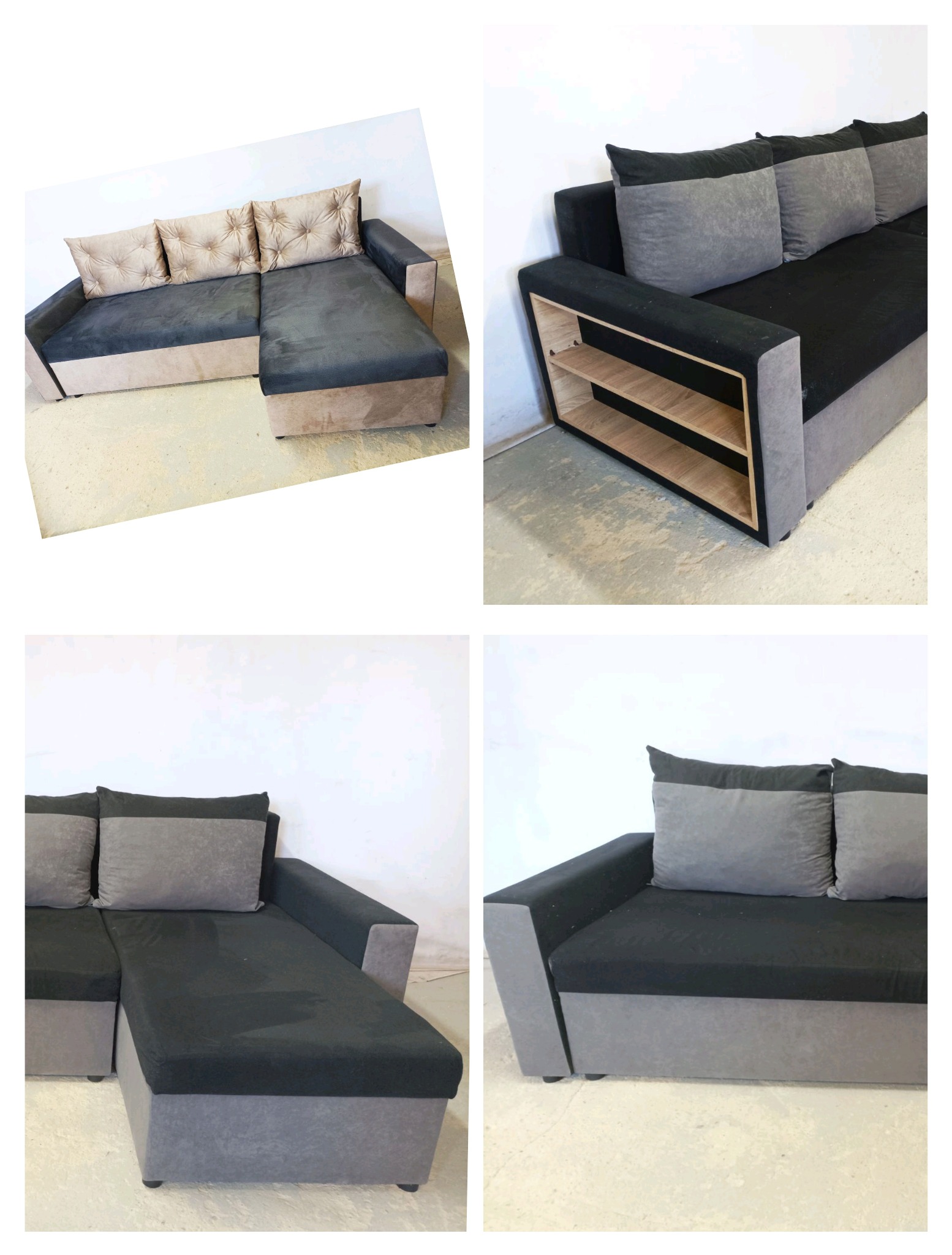 Cztery ujęcia narożnika tapicerowanego w kolorach beżu, szarości i czerni, z poduszkami i półkami w boku.