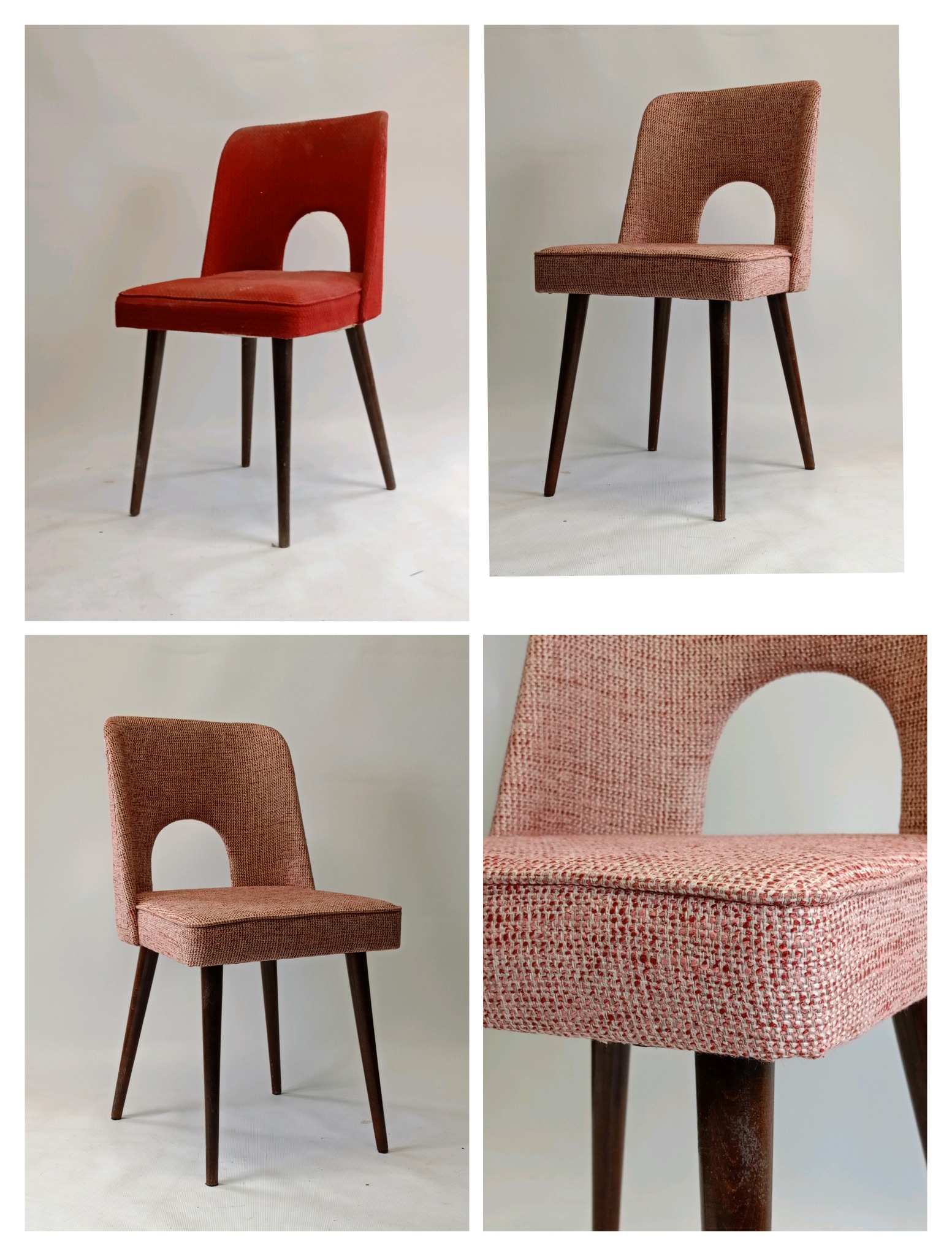 Kolaż przedstawiający krzesło z otworem w oparciu, w kolorze czerwonym i różowym, na czterech drewnianych nogach, sfotografowane na białym tle.