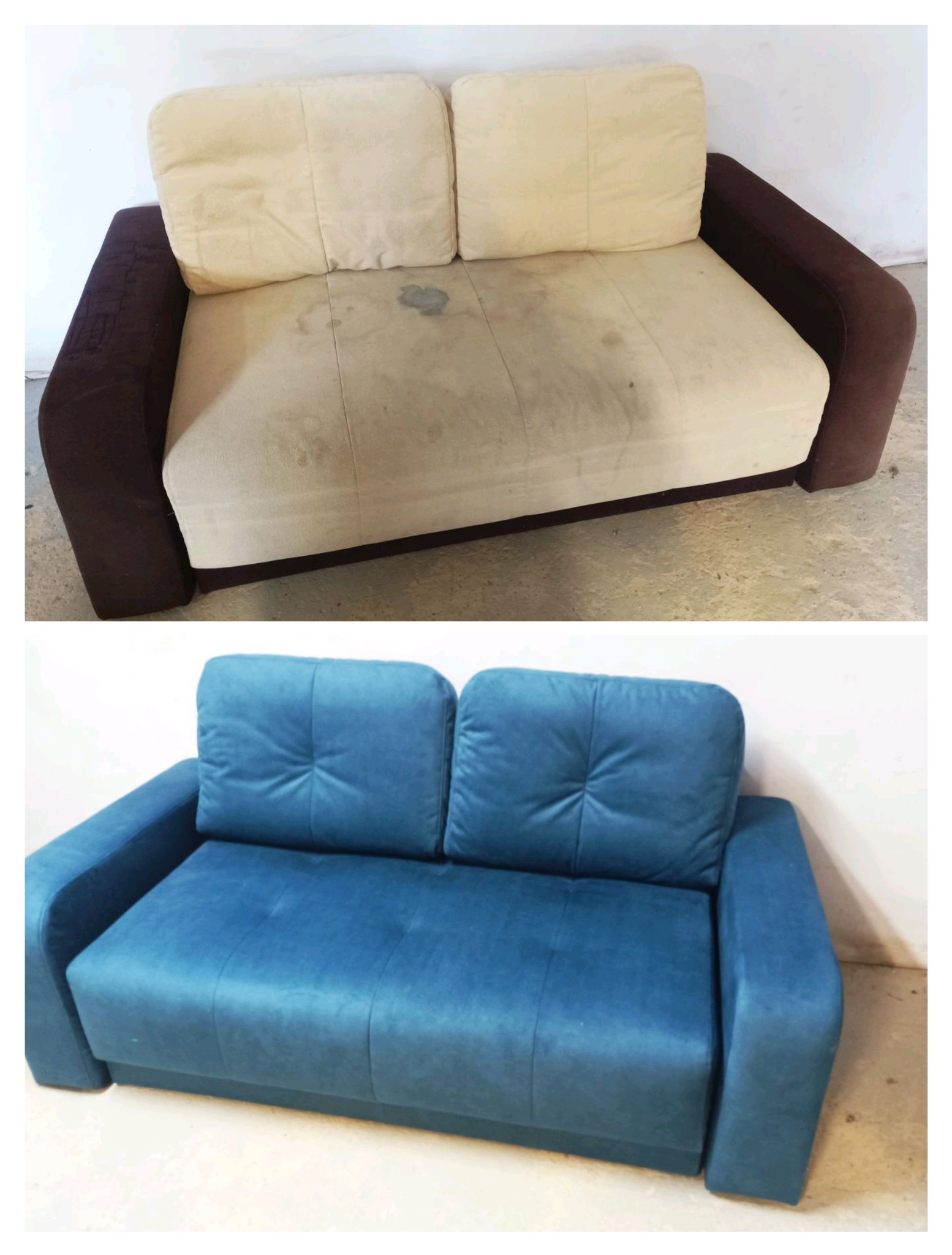 Zdjęcie przedstawia sofę przed i po tapicerowaniu, ukazując różnicę w wyglądzie i czystości mebla.