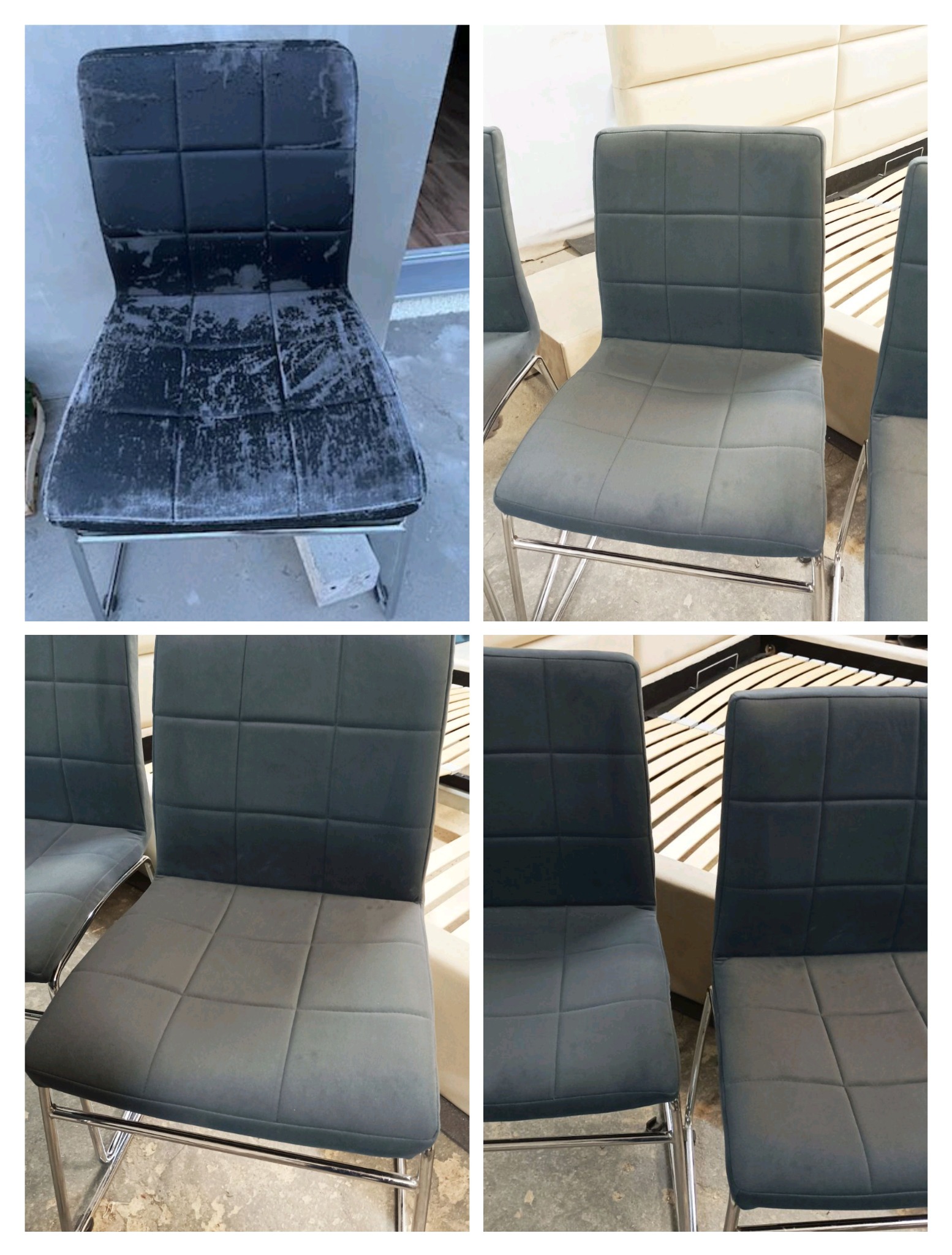 Kolaż przedstawiający krzesło tapicerowane przed i po renowacji. Po lewej stronie widoczne zniszczone obicie, po prawej odnowione, szare krzesło z kwadratowymi przeszyciami i metalowymi nogami.