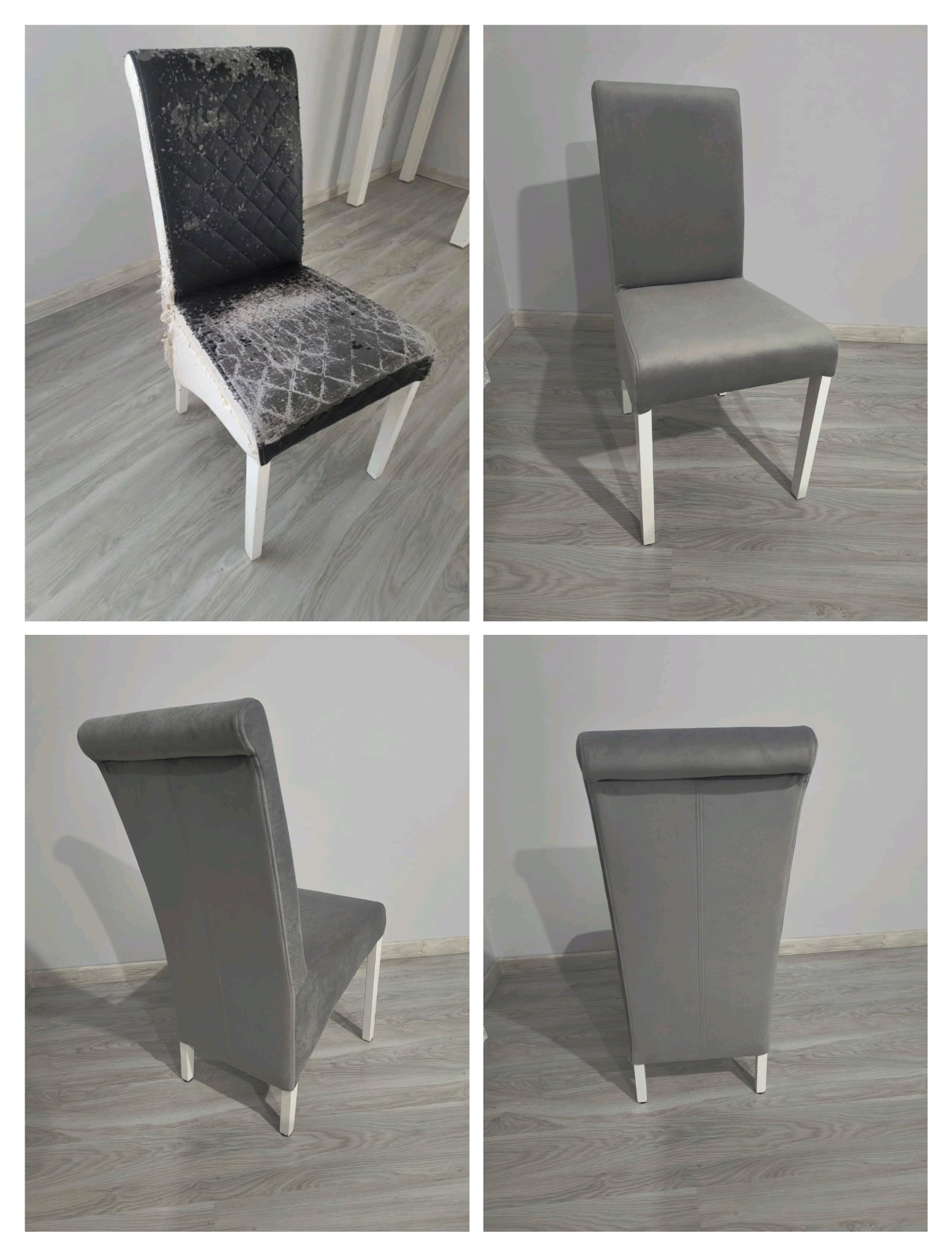 Porównanie krzesła tapicerowanego przed i po renowacji: zniszczona tapicerka z wzorem rombów vs. nowa, szara tapicerka z gładkiego materiału.