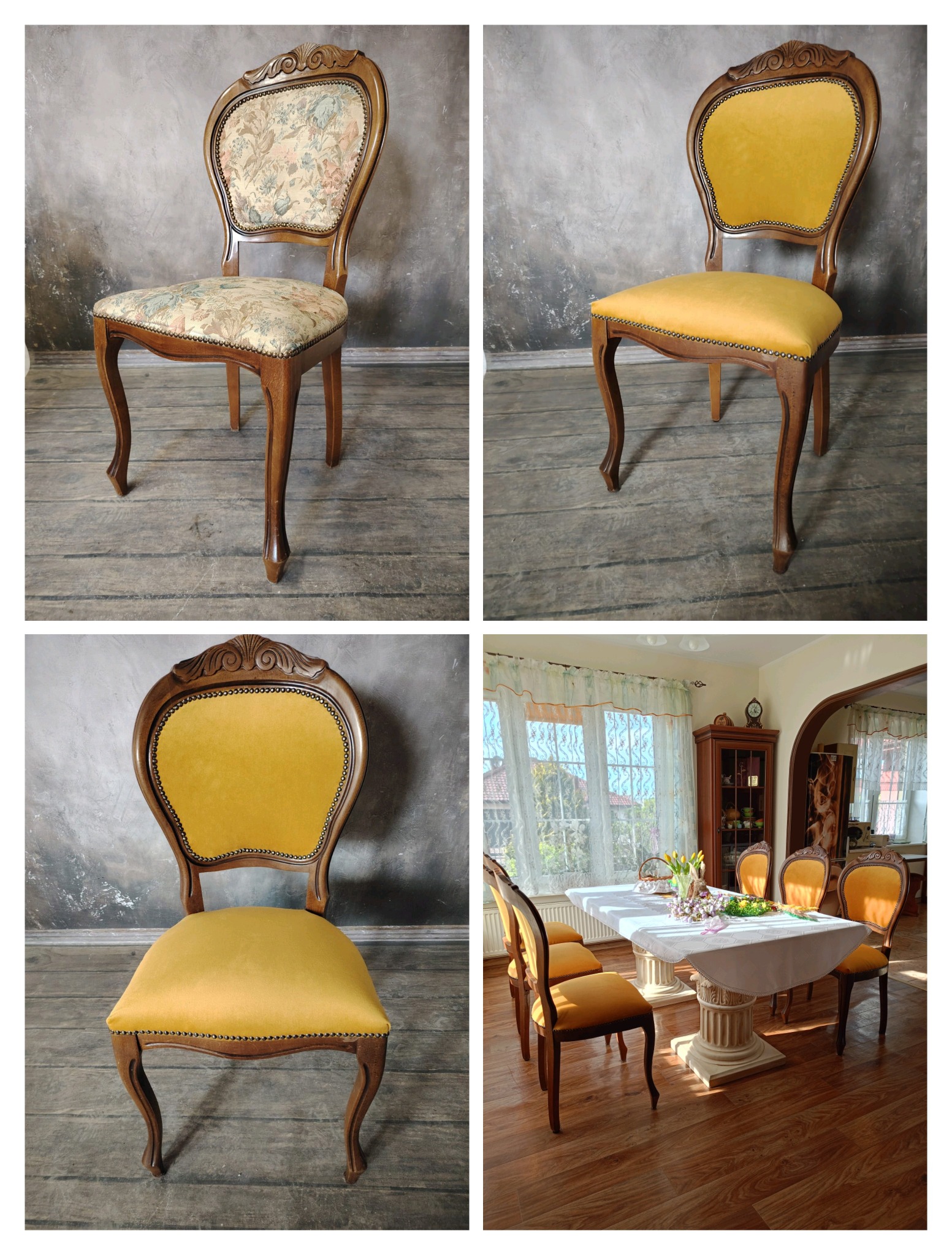 Komplet odrestaurowanych krzeseł w stylu vintage: dwa z żółtą tapicerką, jedno z kwiatowym wzorem, czwarte ustawione przy stole w jadalni.