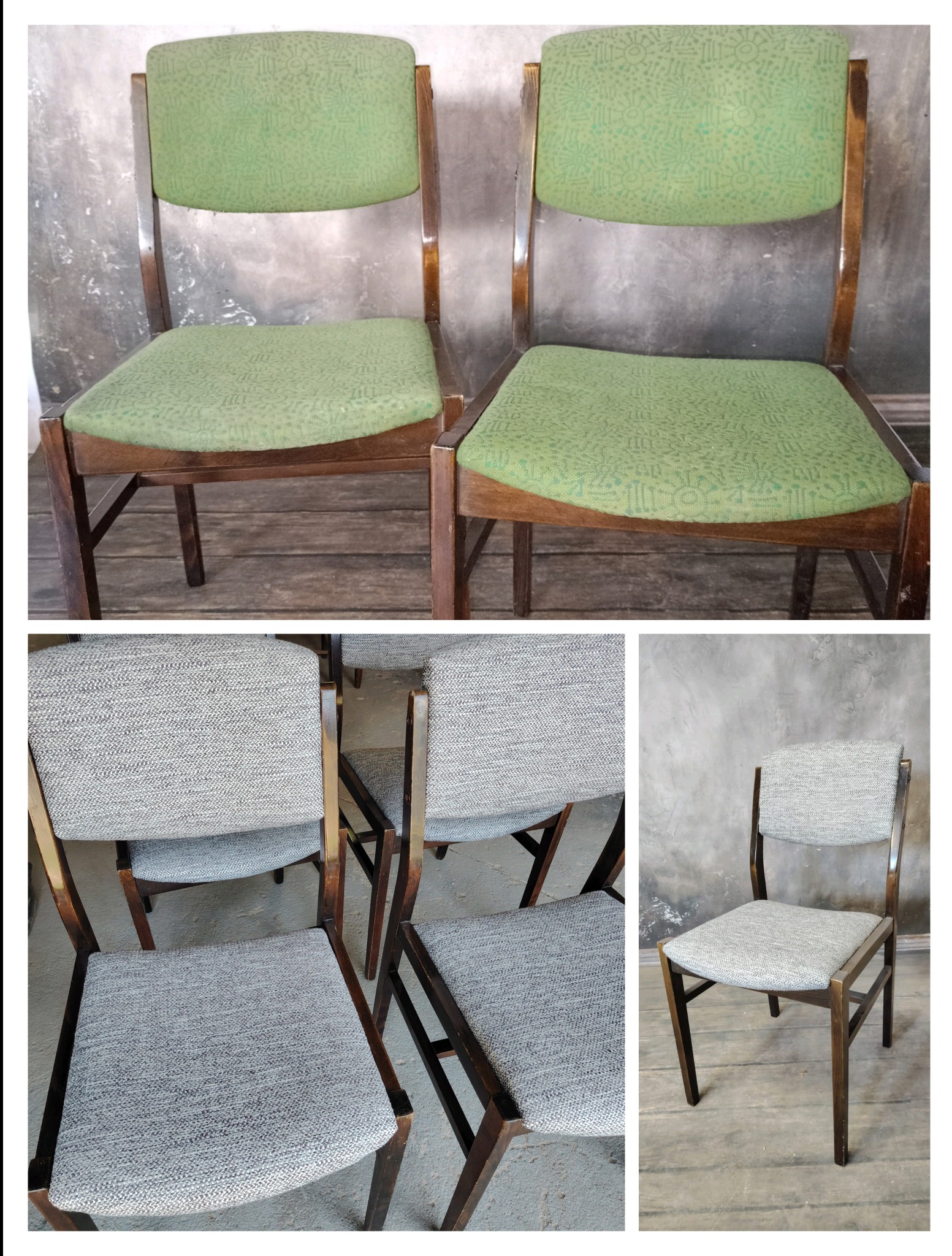 Dwa krzesła po renowacji tapicerki, jedno w odcieniach zieleni z wzorem, drugie szare. Widoczne detale drewnianej konstrukcji i faktura tkaniny.