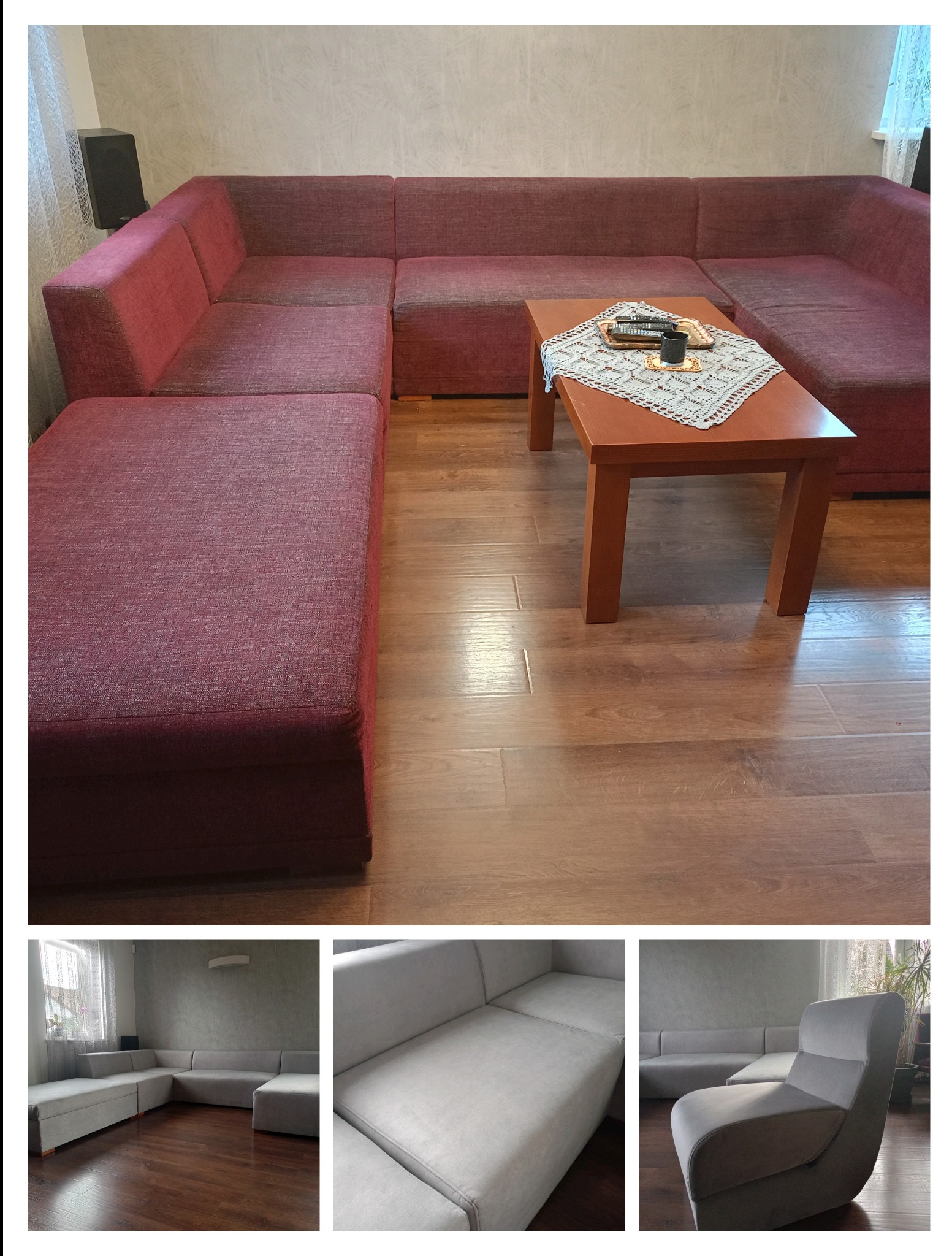 Burgundowy narożnik z pufą i drewnianym stolikiem kawowym, na którym leżą piloty. Ujęcie na parkiecie, w tle ściana z wzorem i okno.